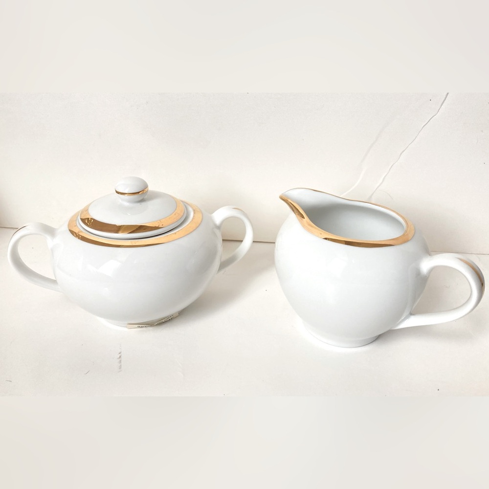 Coffee or tea accessories sugar dish and creamer White and Gold trim ceramic
